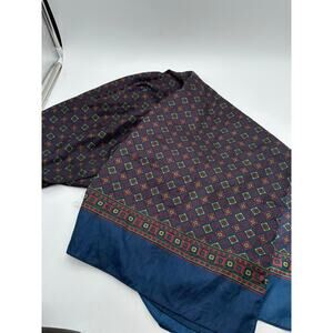 Vtg Silk Scarf 27 x 78 oversized tag missing Golden Brown Blue Geometric Dark